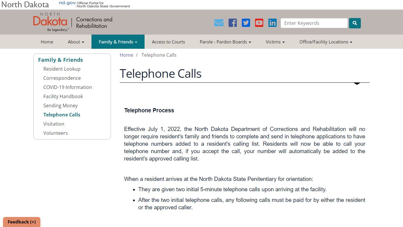 Telephone | North Dakota Department of Corrections and ...